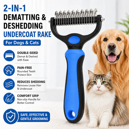Double-Sided Pet Dematting Rake – Undercoat Grooming Tool for Long-Haired Dogs & Cats