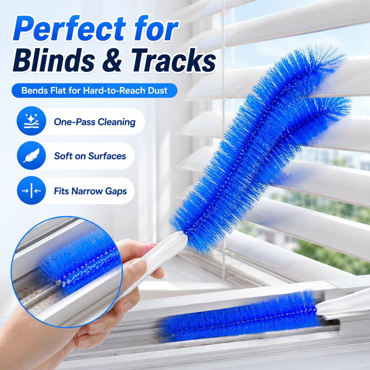 Bendable microfiber brush cleaning blinds and window tracks