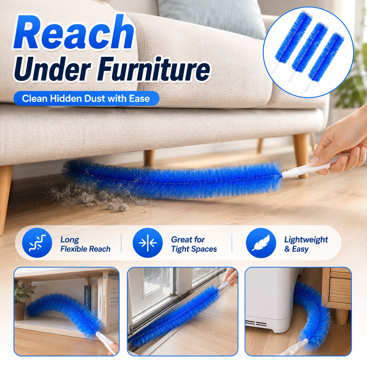 Flexible dust brush reaching under furniture